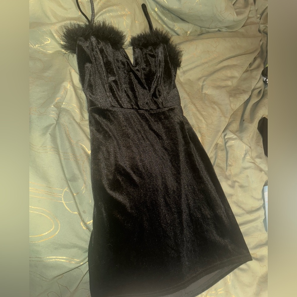 Elegant Black Fur-Trimmed Dress